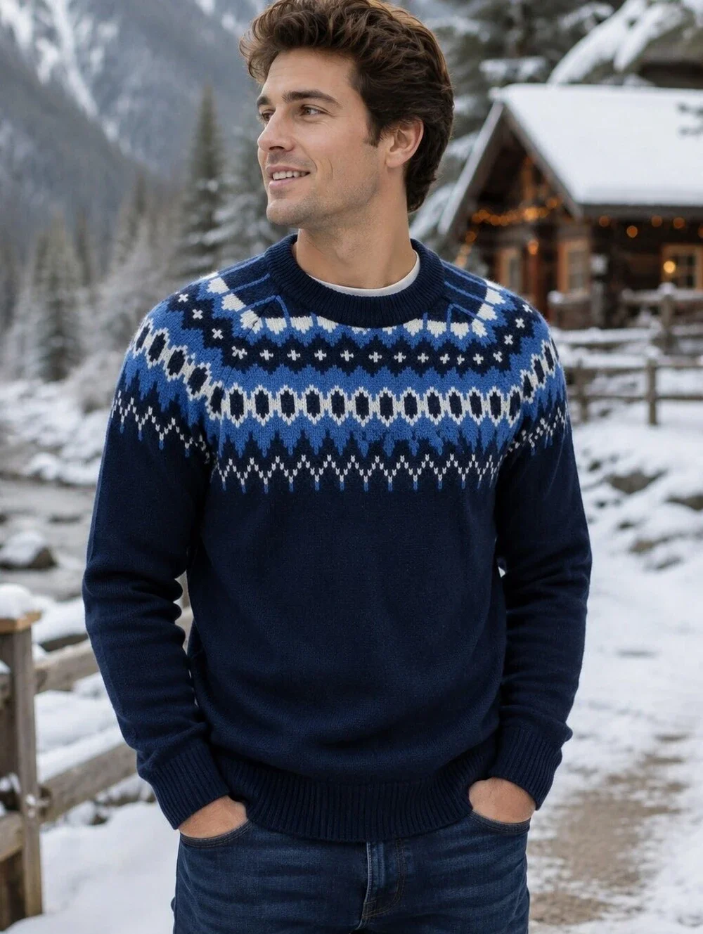 Gap $88 Small Navy Blue White Fair Isle Nordic Crew Neck Wool Blend Sweater
